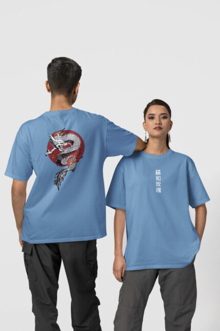 Dragon Çince Ön-Arka – Bebe Mavi T-Shirt