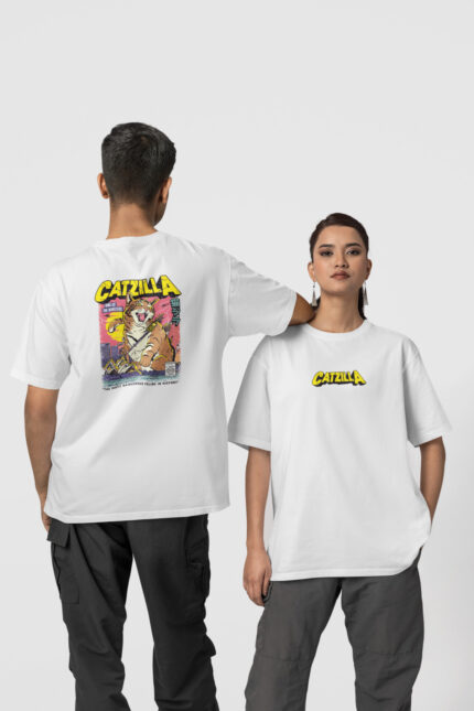Catzilla Ön-Arka – Beyaz T-Shirt