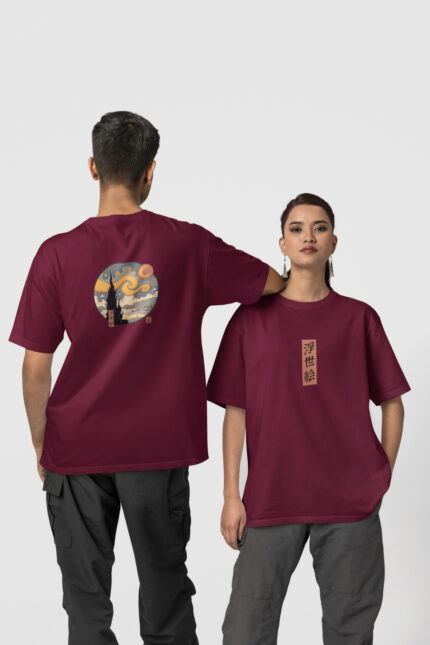 Yıldızlı Gece Ön-Arka – Bordo T-Shirt
