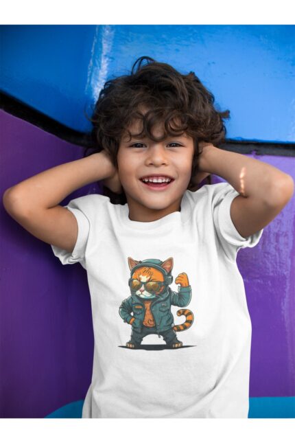 Ceketli Kedi – Beyaz Çocuk T-Shirt