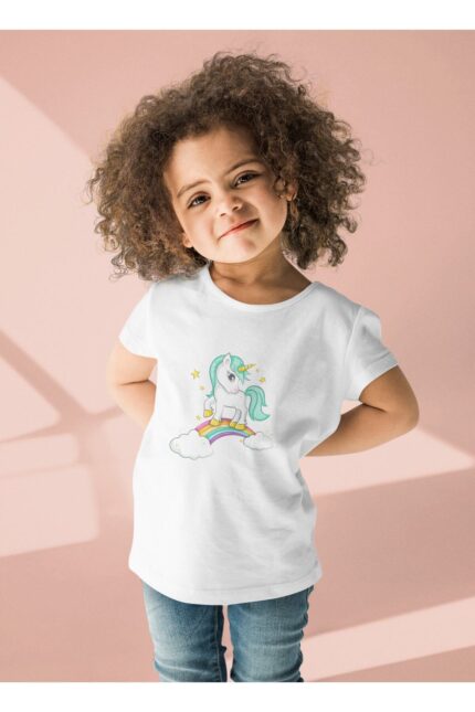 Gökkuşağı Unicorn – Beyaz Çocuk T-Shirt