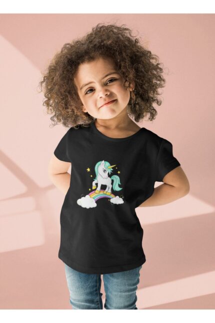 Gökkuşağı Unicorn – Siyah Çocuk T-Shirt