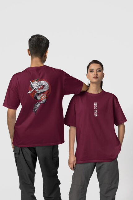 Dragon Çince Ön-Arka – Bordo T-Shirt