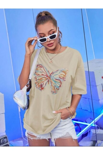 Renkli Kelebek – Bej T-Shirt