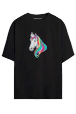 Orta Parmak Unicorn - Siyah T-Shirt